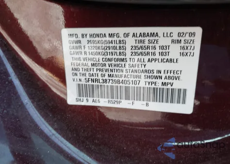 2009 Honda Odyssey Ex-L из США, поврежденный, VIN 5FNRL38739B405107